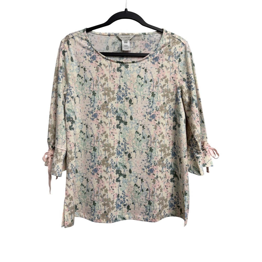 Multiples Floral 3/4 Bell Sleeve Top Pink Ribbon Cream Small Cottagecore Boho